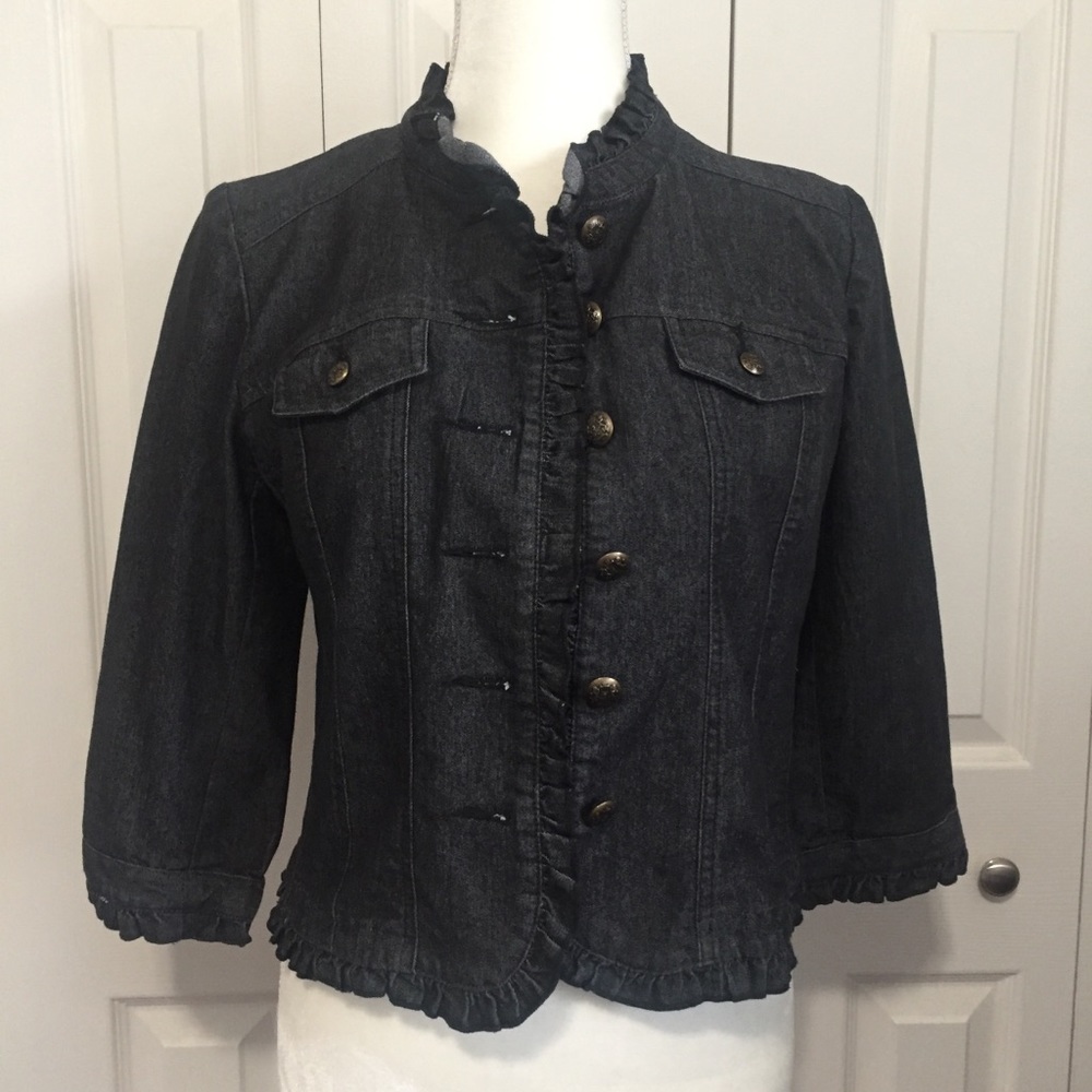 Sandro Ruffle Hem Denim Jacket 3/4 Sleeves Size S